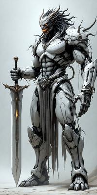 The primary subject of the image is a robotic figure, possibly a character from a video game, with a sword in its hand. The robot is standing in a white room, which serves as the setting for the scene. The visual style of the image is digital art, as it appears to be a digital illustration or drawing. The dominant colors in the image are white and grey, giving the robot a sleek and futuristic appearance.